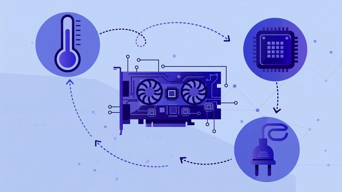 Diagnostic flowchart with thermometer, driver chip and power plug around a GPU