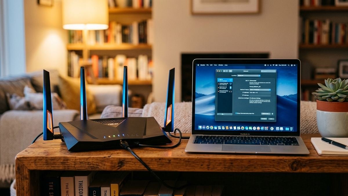 Opened laptop revealing its wireless card with antenna wires under a magnifier