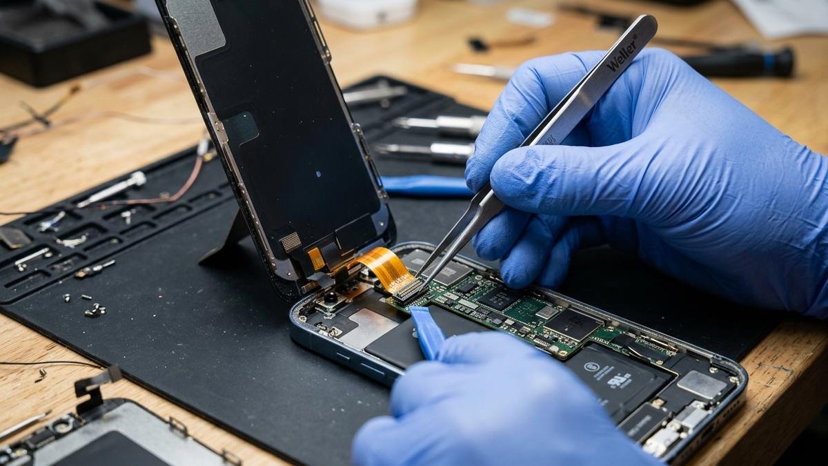iPhone with backup arrow, checklist, lock and camera icons for pre-repair prep