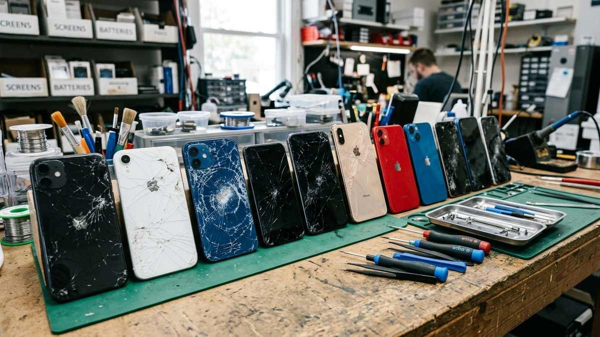 Pristine repaired iPhone with a scale balancing price tags against a shield