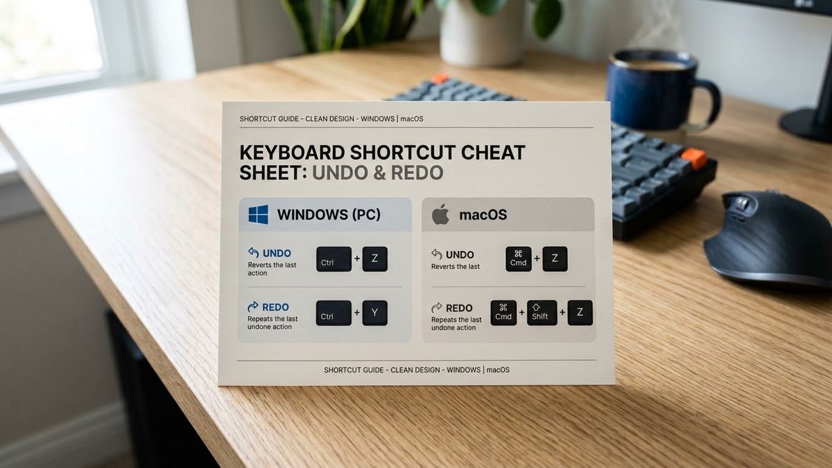 Keyboard shortcut cheat sheet card floating above a desk with glowing keycaps