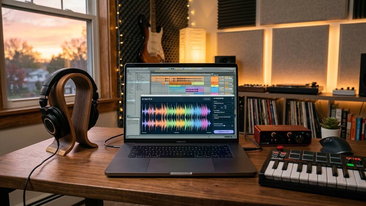 Laptop setup versus professional studio with glowing audio waveforms above