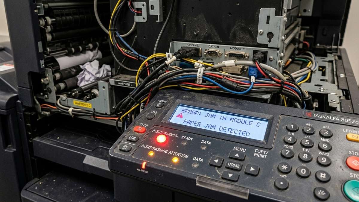 Router assigning a fixed IP badge to a printer as a laptop sends a document
