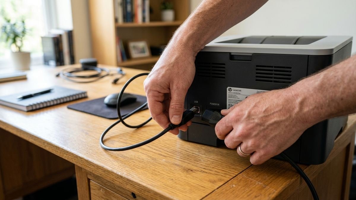 Printer with a green online indicator linked to a laptop and router