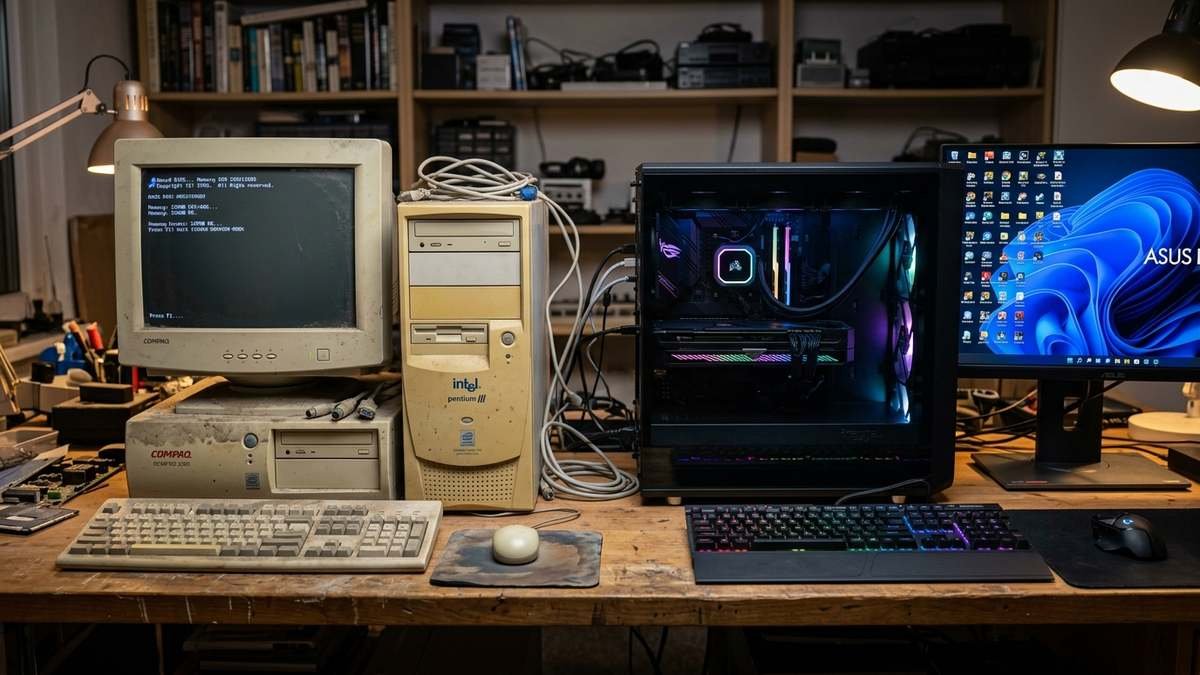 Old hard drive beside a slim glowing SSD with a forward arrow between them